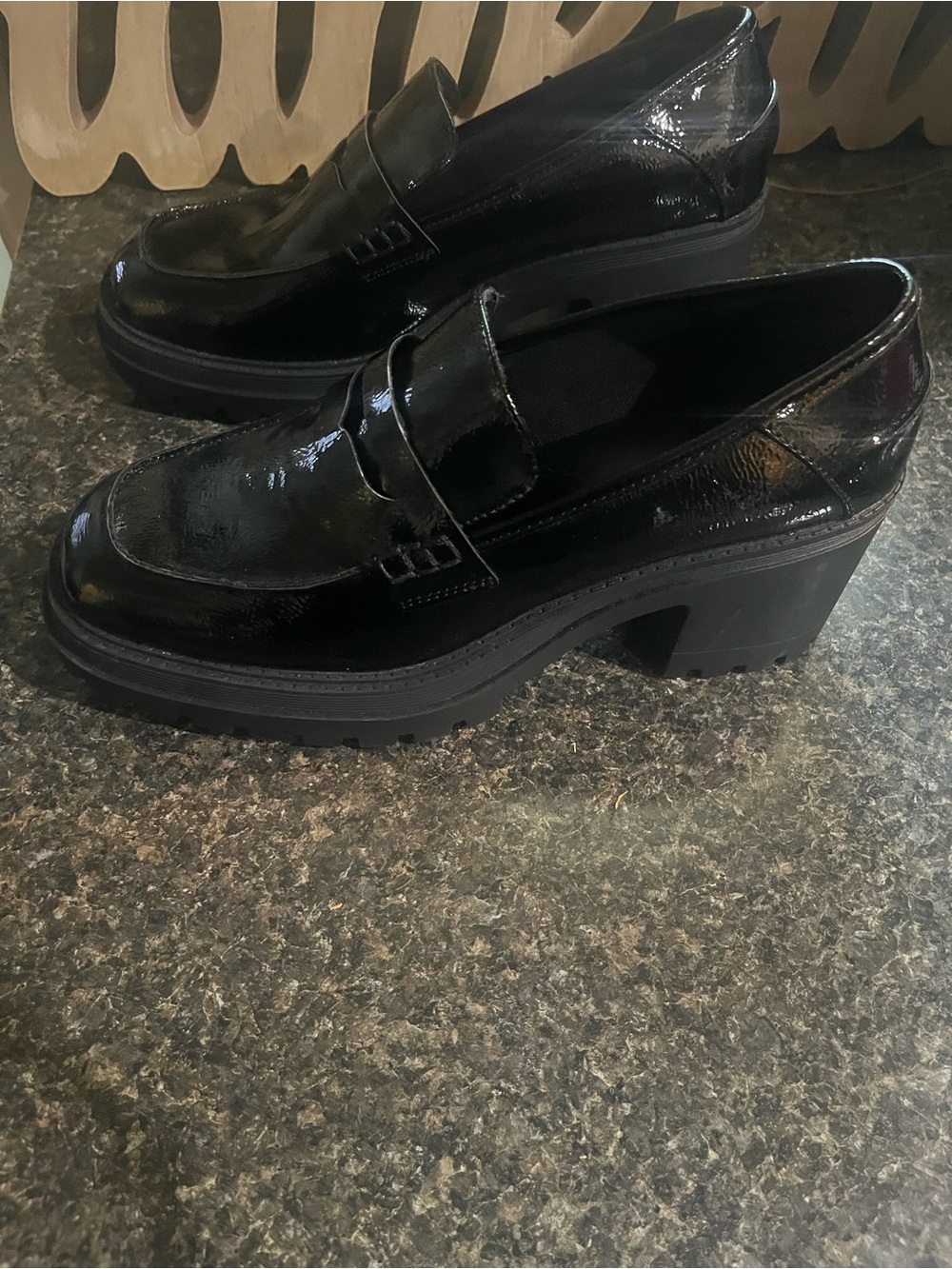 Women's Black Patent Platform Loafers - Chunky Heel Slip-On Flats